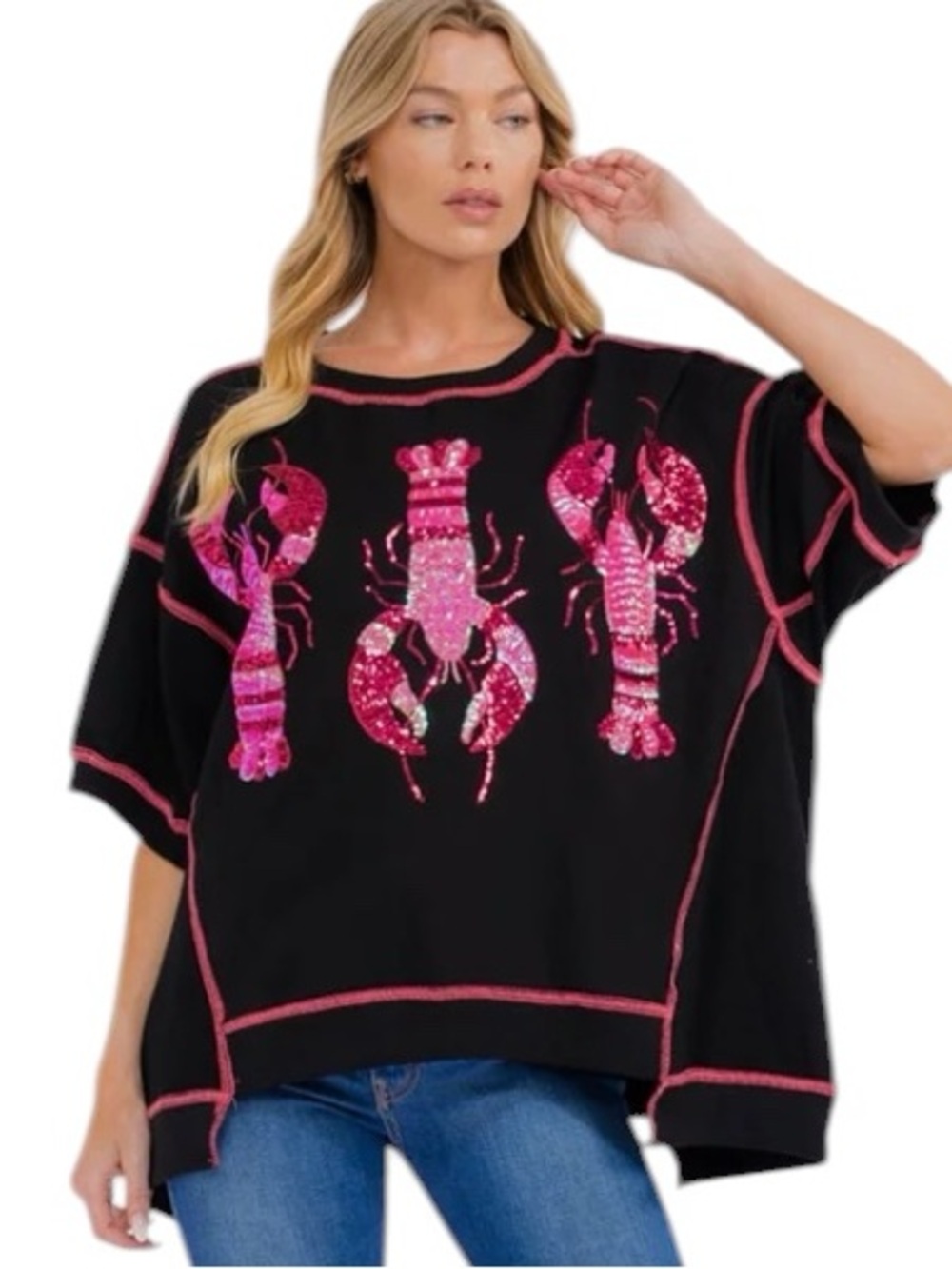 P004:  FANTASTIC FAWN NEW SEQUIN LOBSTERS TOP BLACK (H29)